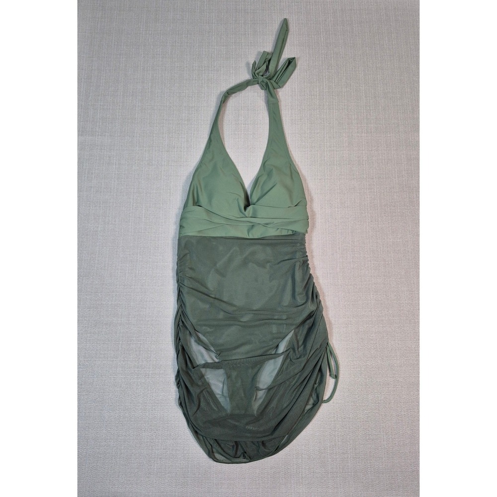 Womens Halter Neck Swim Dress Olive Green Mesh Ruched One Piece Size S‎ NWOT